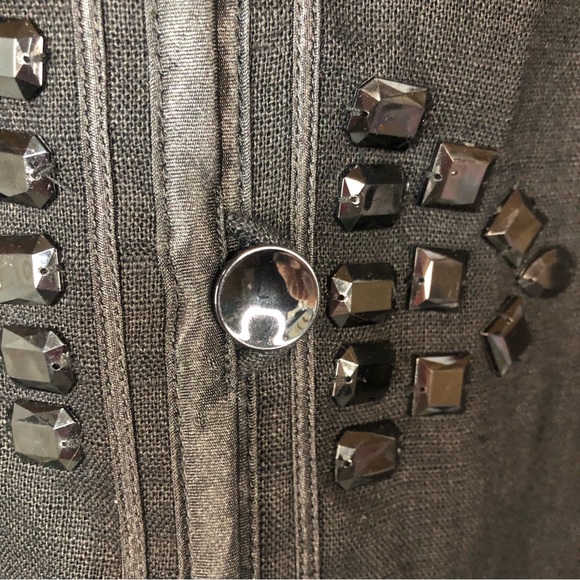 Linea Women’s Jacket Black Linen Satiny Trim Jewel Embellished Boxy 3/4 Sleeve - Picture 5 of 8